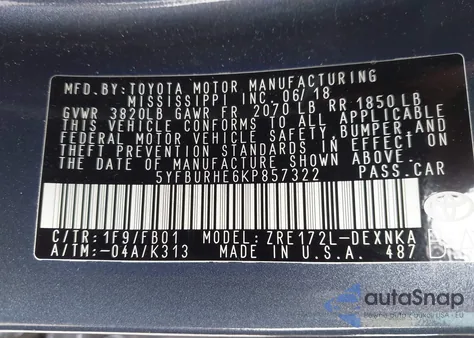 2019 Toyota Corolla Le z USA, uszkodzony, nr VIN 5YFBURHE6KP857322